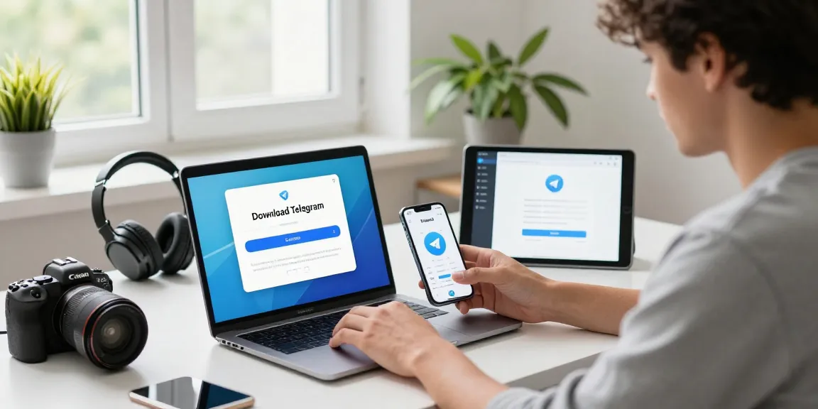 Download Telegram on multiple devices in a modern workspace with an engaged user.