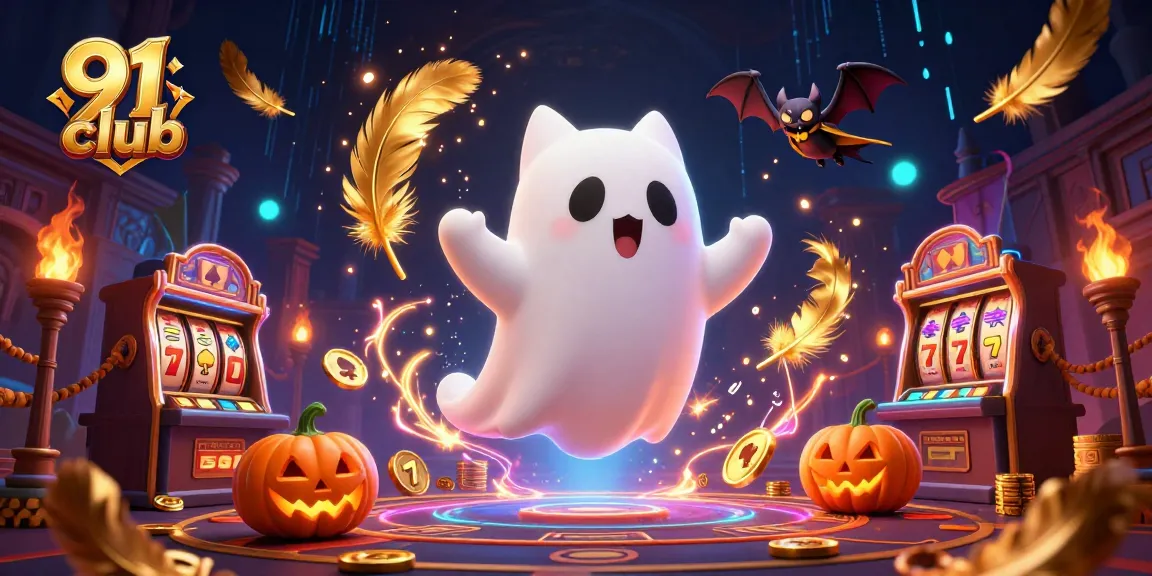 Engage with thrilling games at 91 club, featuring a cartoon ghost cat in a vibrant casino setting.
