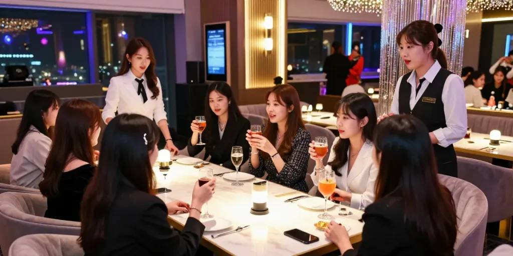 강남 타이밍의 고급스러운 유흥 공간, 고객과 매니저들이 즐거운 시간을 보내고 있는 모습