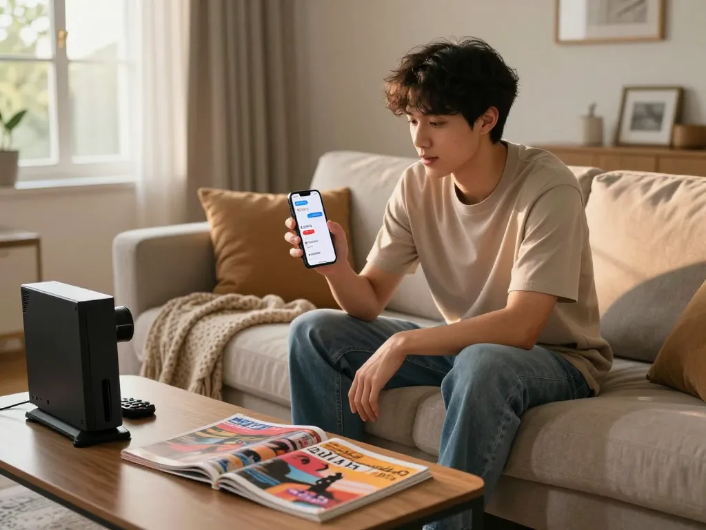 Engaging interaction with an nsfw chat bot on a smartphone in a cozy home setting.