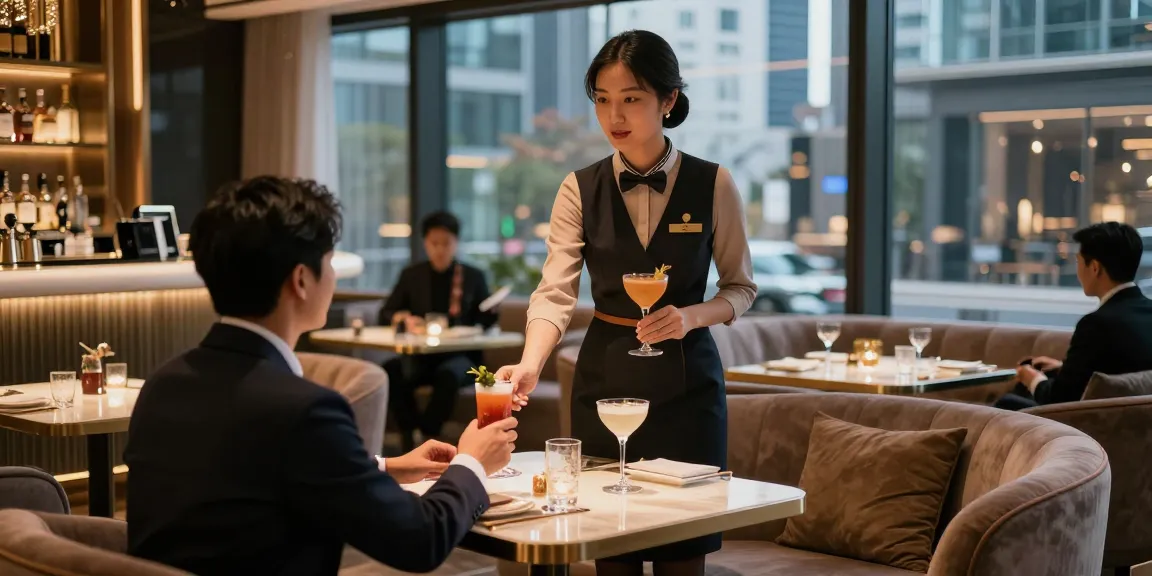 강남블랜딩의 고급스러운 라운지에서 호스트가 손님을 맞이하는 장면