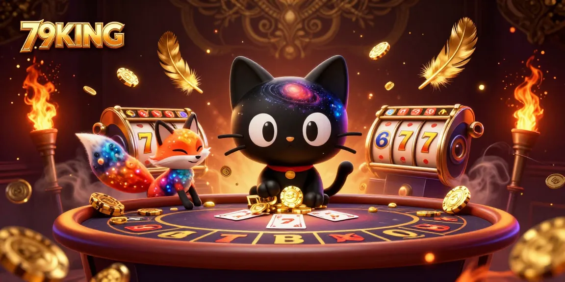 Experience the thrilling gameplay of 79KING with cosmic characters at a dazzling casino table.