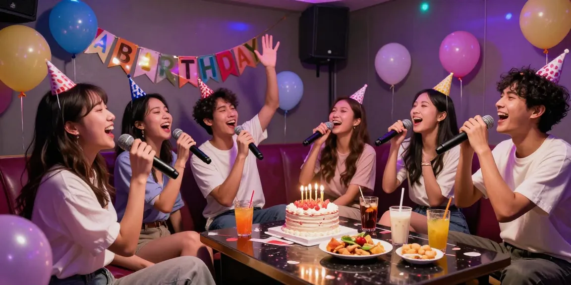 강남가라오케에서 생일 파티를 즐기는 친구들, 화려한 조명과 분위기 속에서 노래하고 있는 모습