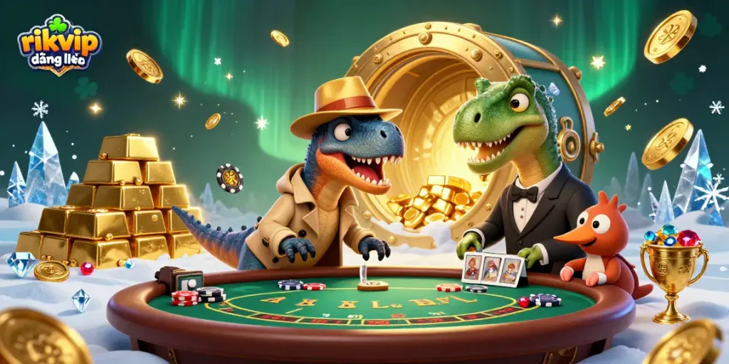 Engage with the thrilling atmosphere of rikvip đăng nhập as a velociraptor card counter cleverly sneaks at a blackjack table amidst sparkling treasures.