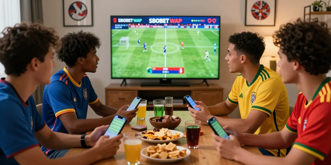 Friends using sbobet wap in a lively living room to place soccer bets for the World Cup 2026, capturing excitement and camaraderie.