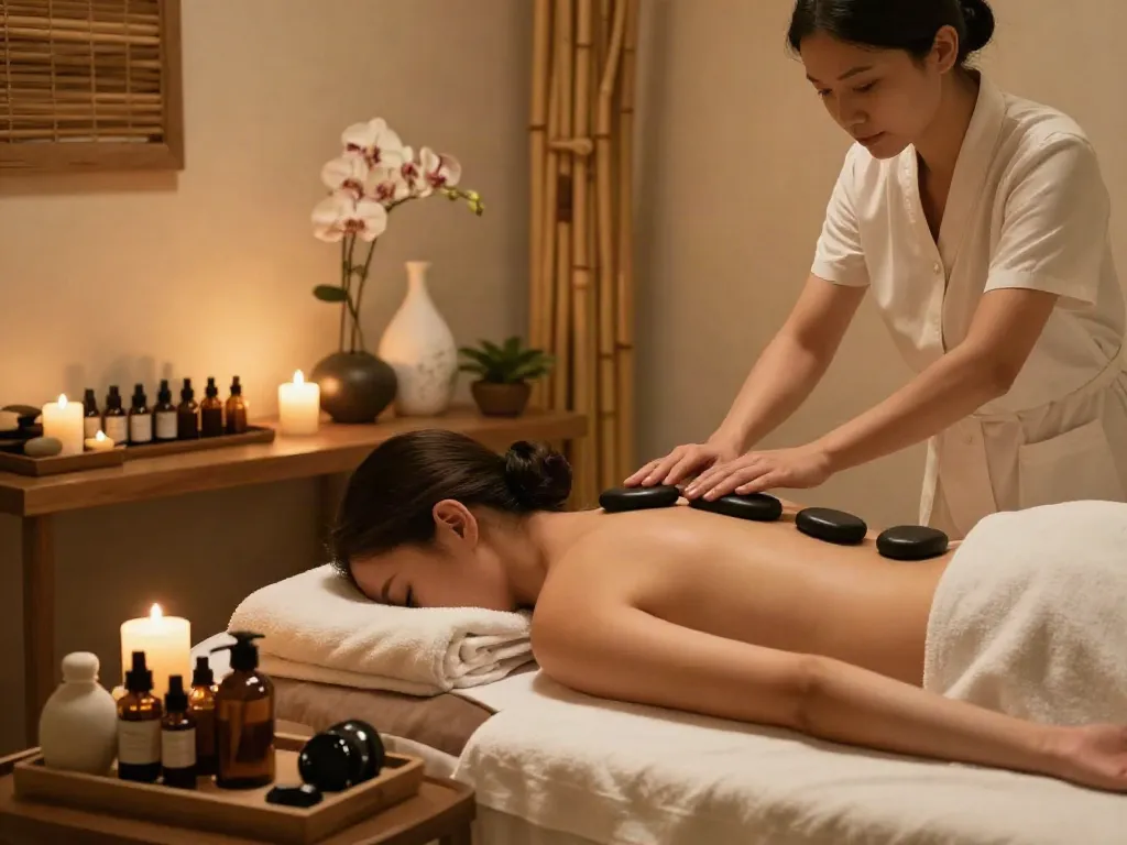 다낭 밤문화에서의 고급스러운 마사지 치료 장면, 편안한 조명 아래에서 고객이 다낭의 스파에서 치료를 받고 있습니다.