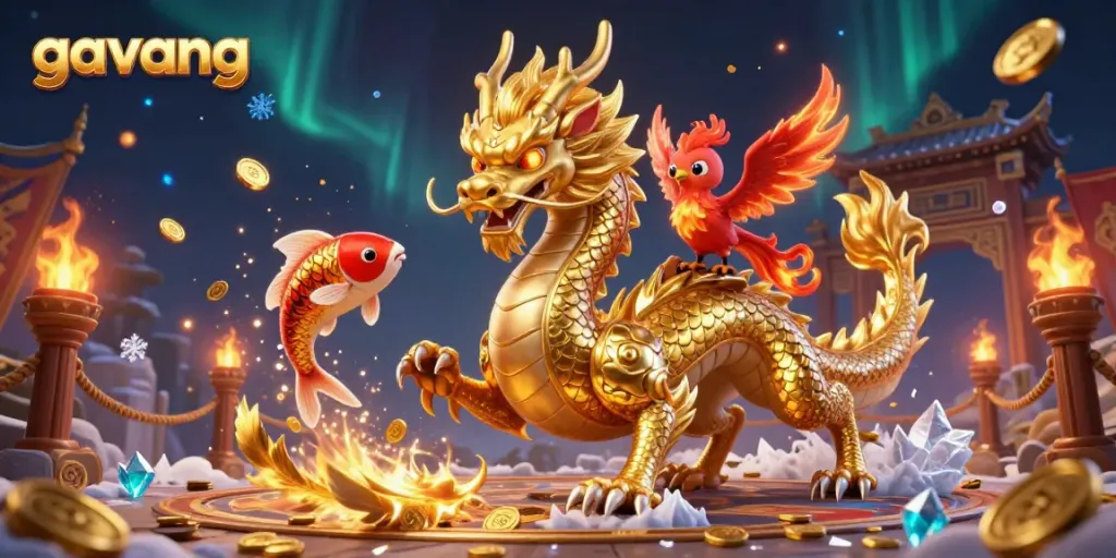 Experience thrilling action with Gavang featuring a golden dragon, fiery phoenix, and koi fish in vibrant gambling atmosphere.