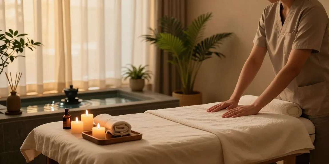 Relaxing 강남출장마사지 session in a tranquil wellness studio with candles and essential oils.