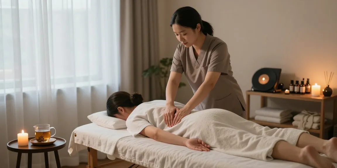 1인샵에서 편안한 마사지 치료 중인 모습, 아늑한 공간과 편안한 조명.