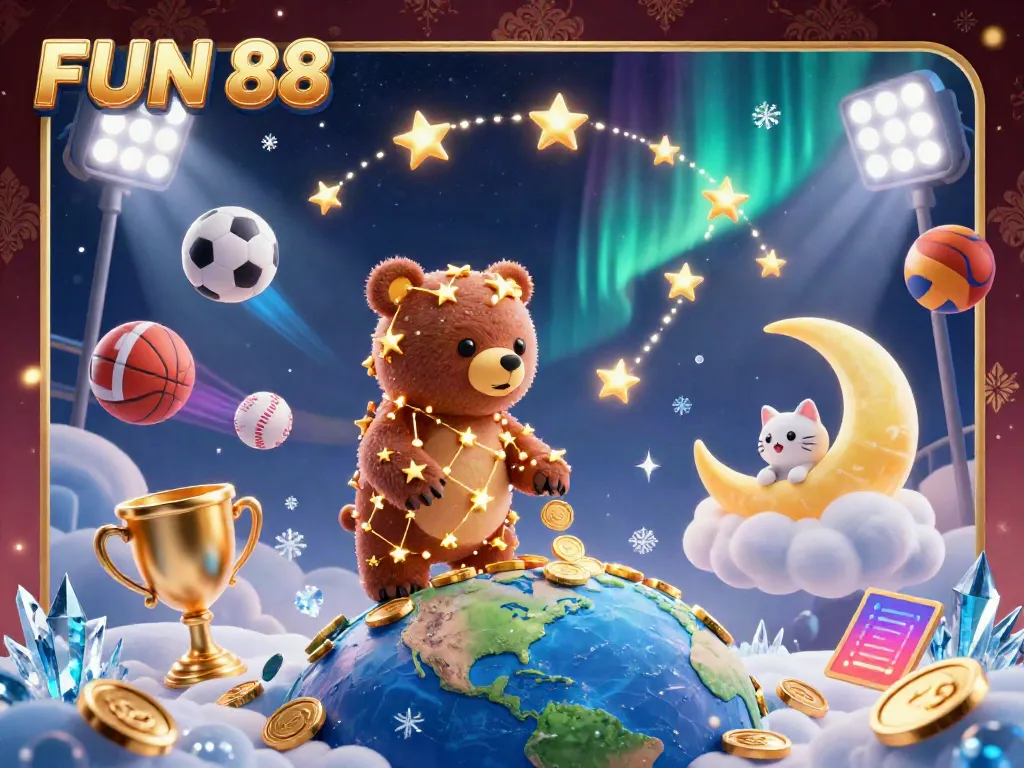 Experience FUN 88's immersive gaming world with dynamic sports elements and vibrant illustrations.