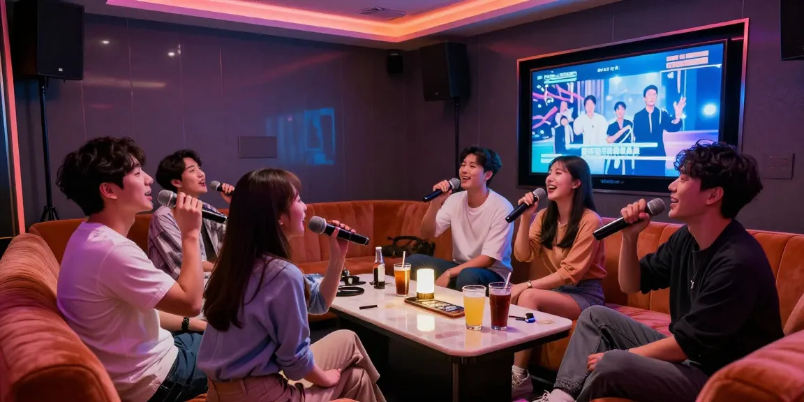 강남쩜오에서 친구들과 함께 즐거운 노래를 부르는 프리미엄 노래방의 화려한 인테리어와 활기찬 분위기.