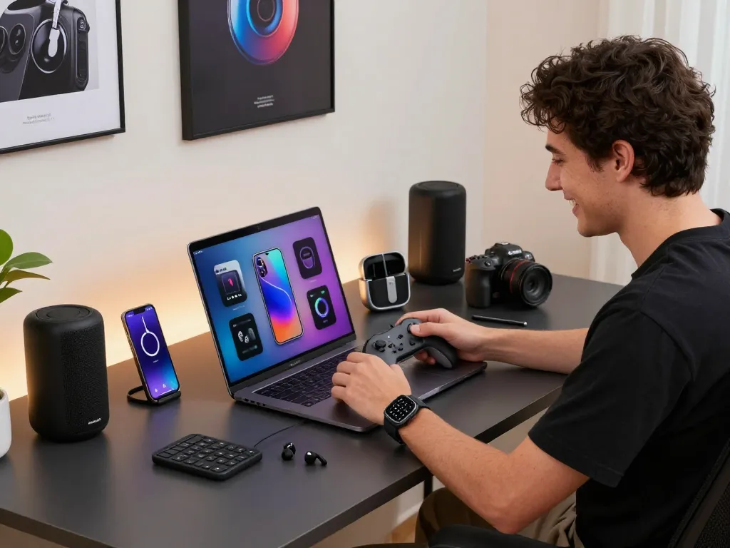 A tech enthusiast engaging with unique tech gadgets in a modern workspace, featuring a laptop, Bluetooth controller, and smartwatch.