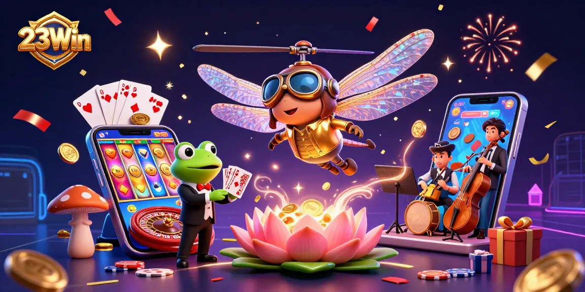 Experience vibrant gaming excitement with 23Win at this dynamic illustrated casino scene.