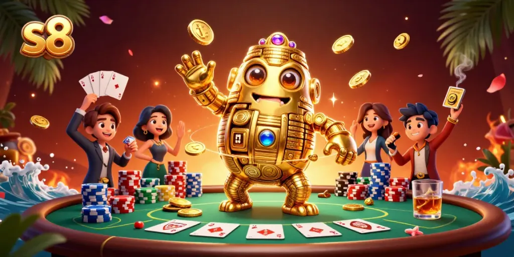 Experience the excitement of s8 with a golden golem and poker elements in a vivid casino scene.