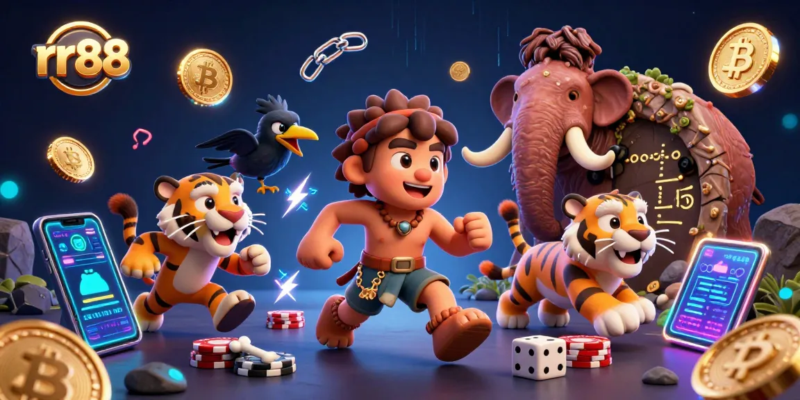 Engage in exciting slots at rr88 with glowing Bitcoin and Ethereum coins illuminating a prehistoric casino.