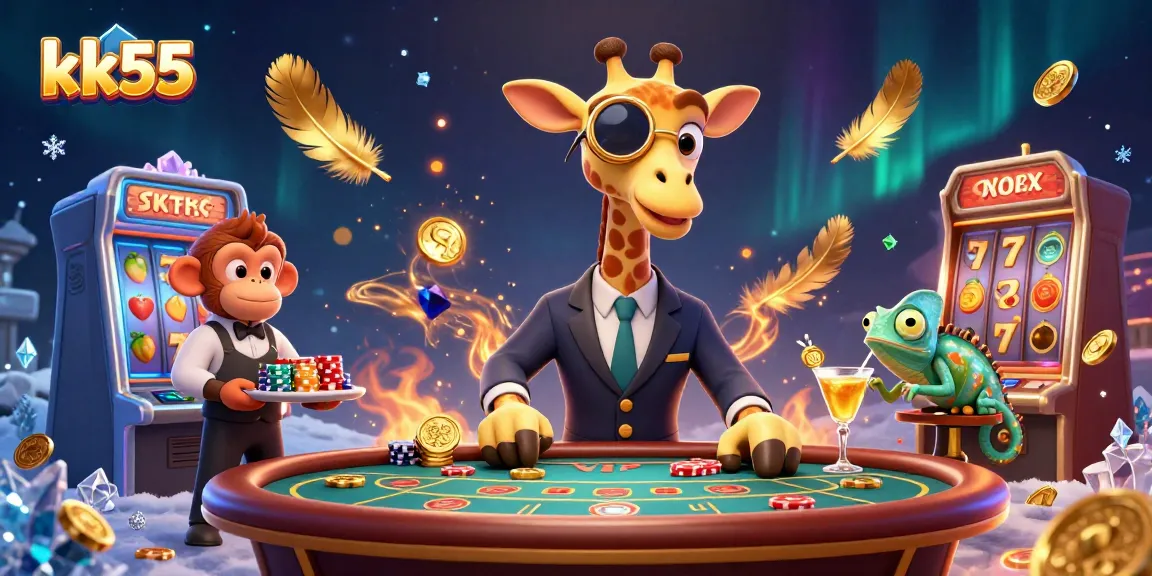 Play exciting jackpot games at kk55 with vibrant slot reels and whimsical characters.