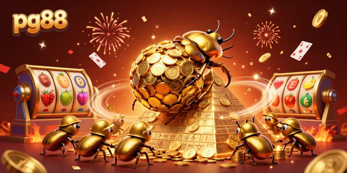 Experience big wins at pg88 as cartoon beetles roll golden coins against a festive casino backdrop.
