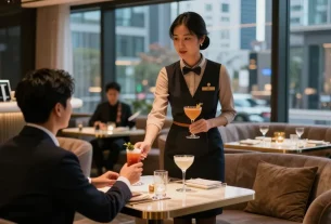강남블랜딩의 고급스러운 라운지에서 호스트가 손님을 맞이하는 장면
