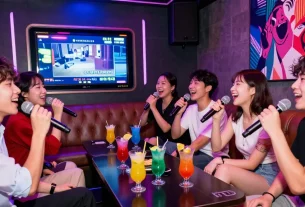 인천쓰리노에서 친구들과 즐거운 시간을 보내는 활기찬 노래방 장면