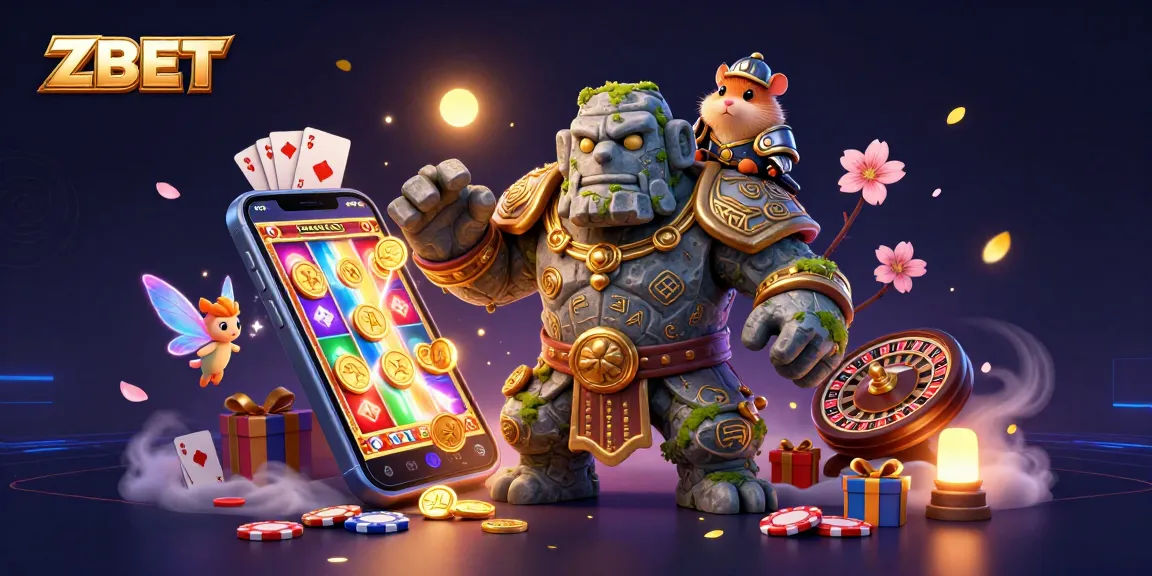 ZBET players experience thrilling slot games with a magic golem and fairy companion illustration.
