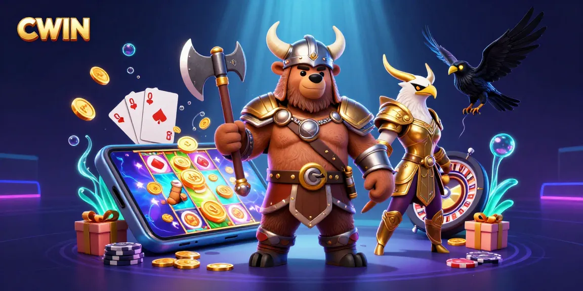 CWIN players enjoying dynamic slot games with Viking characters and vibrant casino elements.