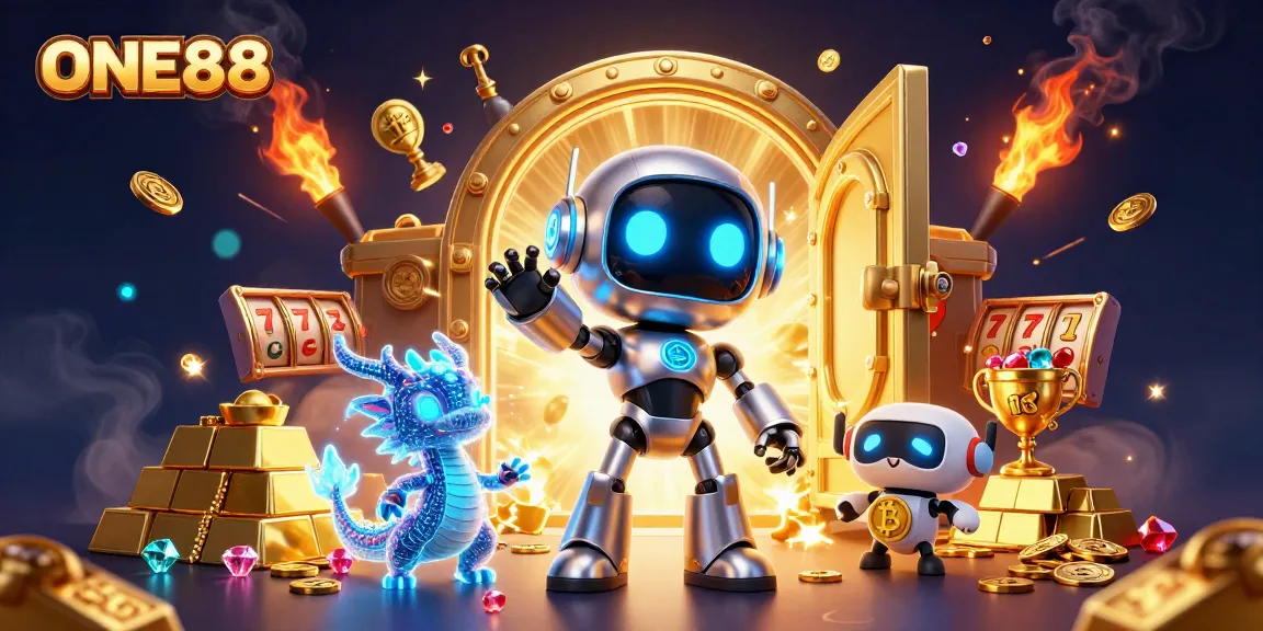 Engage with ONE88's vibrant online casino scene featuring characters, gold treasures, and slot elements.