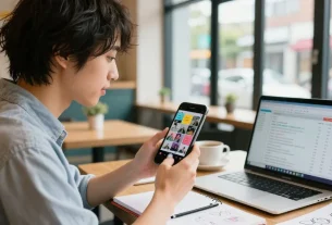 インスタグラム いいね 購入 効果を実感する若いインフルエンサーがカフェでスマートフォンを使用している様子