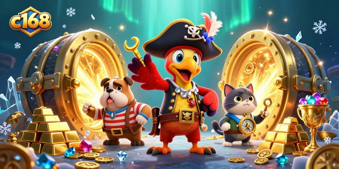 Experience thrilling gameplay at c168 with vibrant casino-themed characters in a treasure-filled scene.