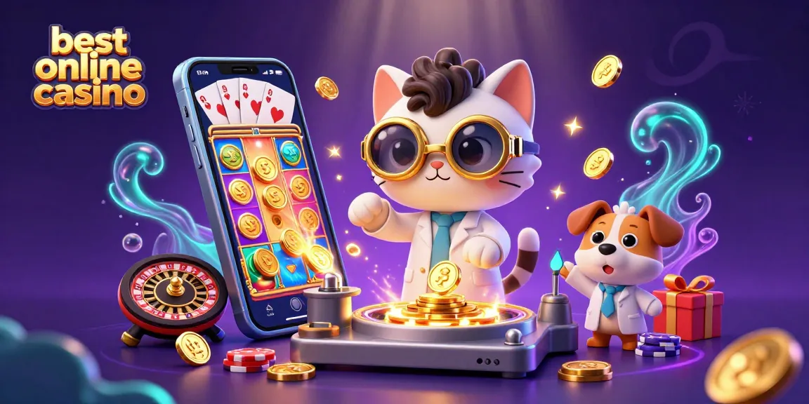 Experience the excitement of the best online casino with a mad scientist cat and lab assistant dog amidst golden gaming elements.