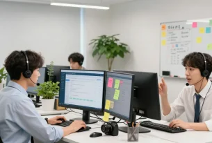 Engaged team in an office assisting customers on the 강남토닥이 platform with energy and professionalism.