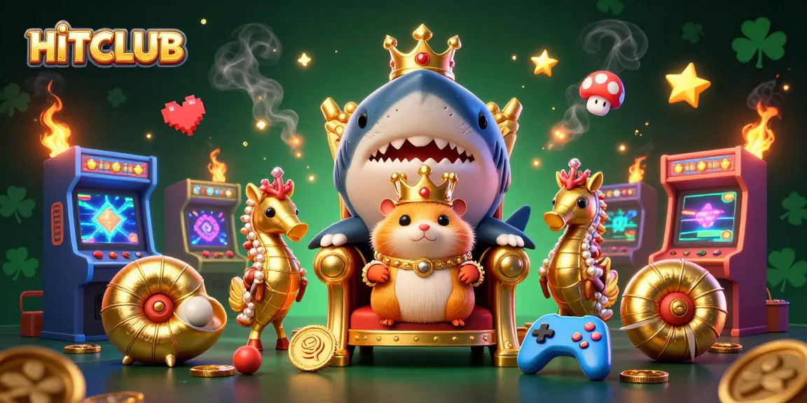 Join the gaming adventure at HITCLUB with vibrant arcade elements and a royal hamster king.