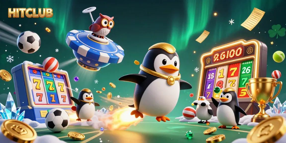 Join the excitement at HITCLUB as the golden penguin takes flight through a vibrant casino-themed galaxy!