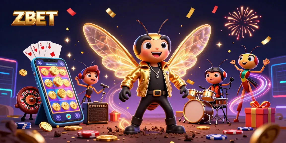 ZBET casino gameplay with a vibrant rock star cicada and dynamic slot machines, showcasing exciting gambling.