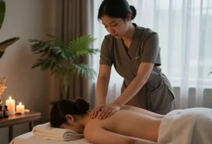 편안한 스웨디시 마사지 장면, 아늑한 분위기에서 고객에게 마사지하는 마사지사