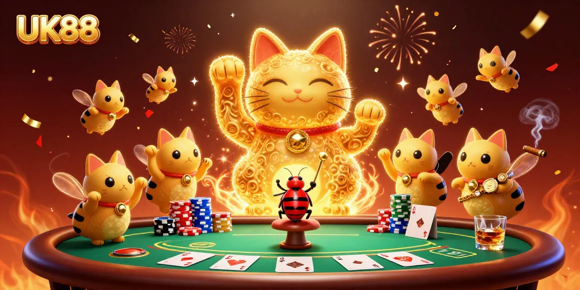 Engage with UK88's vibrant casino action featuring a lucky cat animated by a conductor beetle.