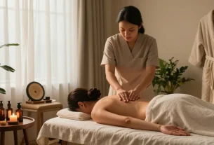 마사지 중인 고객과 편안한 치료사 모습, 아로마 오일과 조명이 어우러진 공간