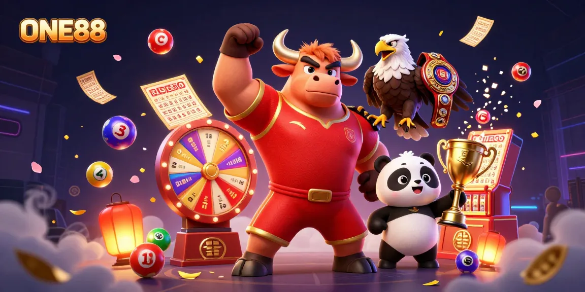 Engage with ON188's vibrant casino atmosphere featuring a bull, eagle, and panda celebrating wins.