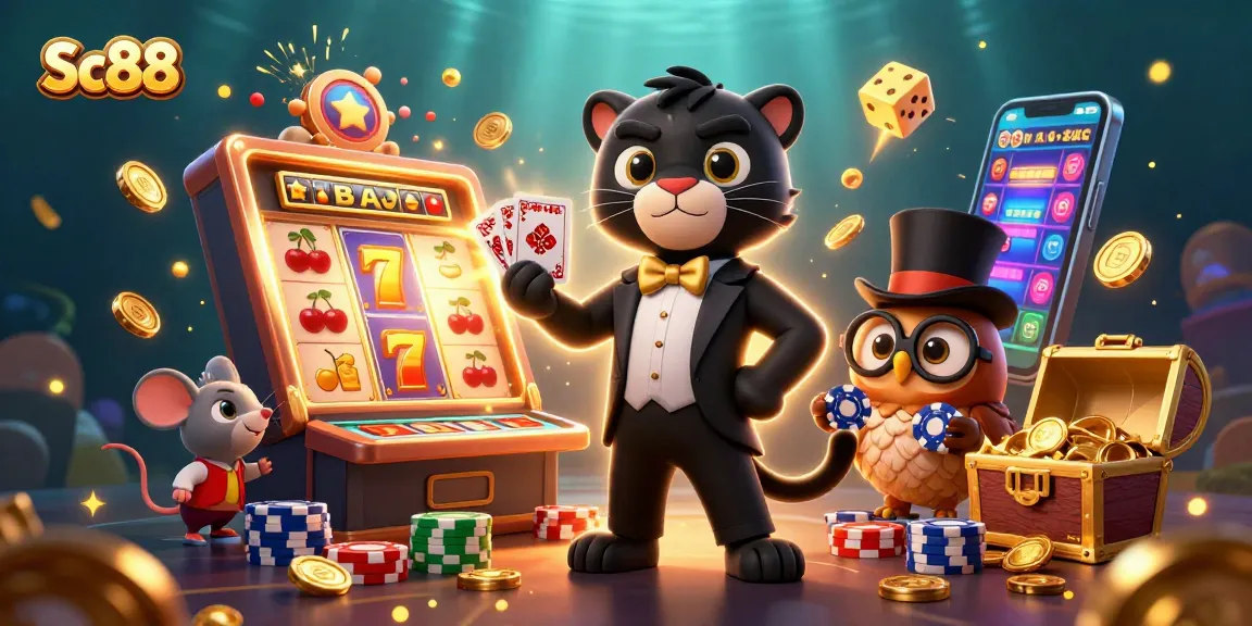 Experience thrilling casino fun with Sc88 as a panther deals cards amid vibrant gambling elements.