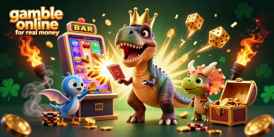 Experience the thrill to gamble online for real money with this vibrant casino scene featuring a T-Rex, pterodactyl, and triceratops.