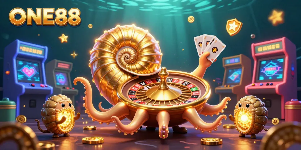 ONE88 casino scene showcases a giant nautilus roulette wheel amidst vibrant gaming elements.