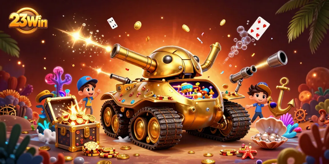 Experience the vibrant world of 23Win in a detailed 3D casino scene full of excitement and treasures.