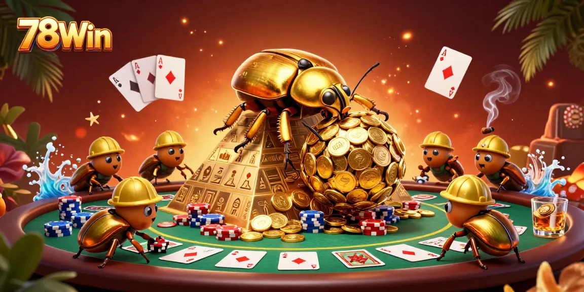Spinning golden coins with 78Win's vibrant casino-themed illustration featuring beetles and poker elements.