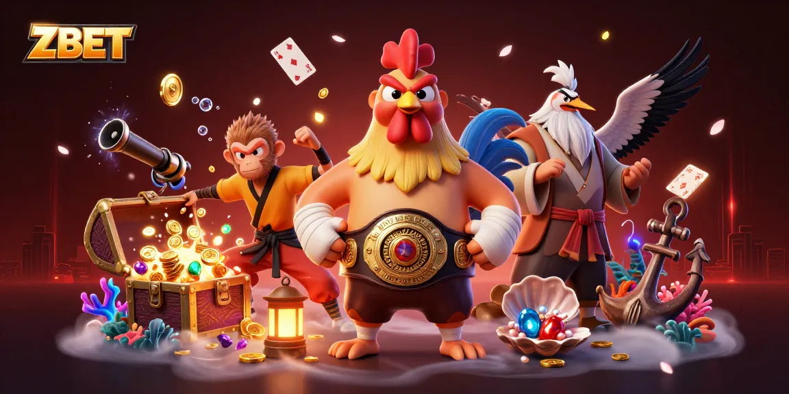 ZBET sports betting experience illustrated with a Muay Thai rooster, Shaolin monkey, and crane master surrounded by gambling elements.
