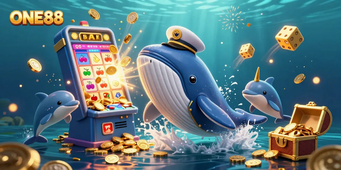 Engage in winning at ONE88 with a cartoon whale and vibrant casino elements bursting with excitement.