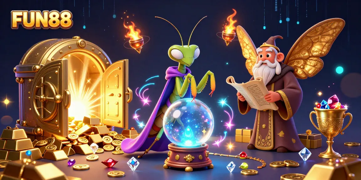 Spin to win at FUN88 with a vibrant illustration showcasing thrilling casino elements and magical characters.
