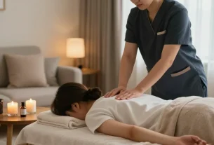 안양출장안마 home massage therapy scene with professional therapist and calming ambiance
