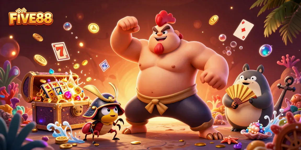 Experience winning at FIVE88 with a vibrant 3D casino arena illustration showcasing animated characters and treasure.