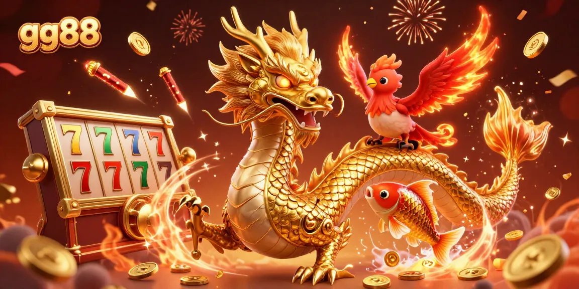 Engage with gg88's thrilling games featuring a golden dragon and lucky symbols, celebrating wins.