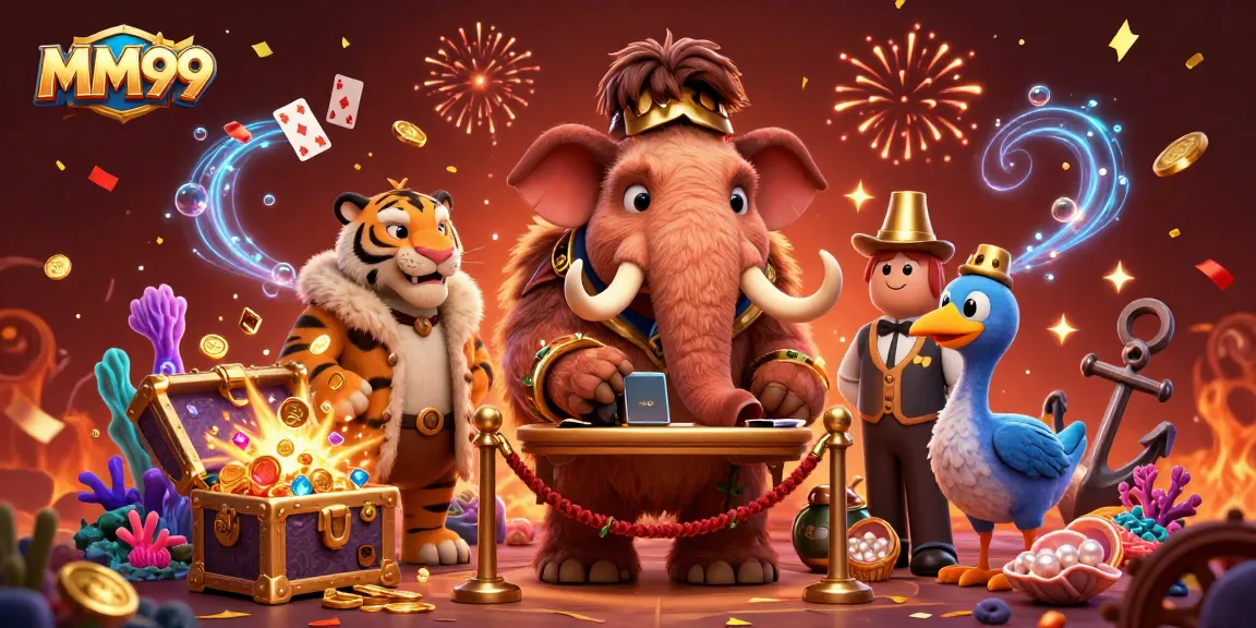 Experience the thrill of MM99's casino with dynamic characters and vibrant game elements in this 3D illustration.