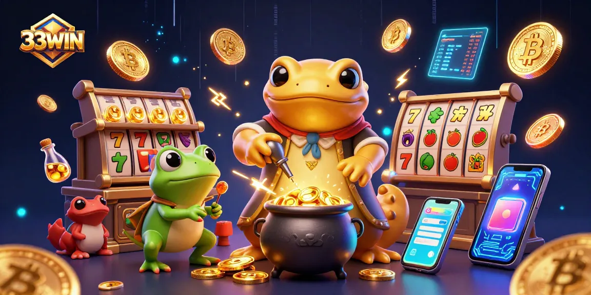 Experience excitement at 33WIN with golden coins and slot elements in a magical 3D illustration.